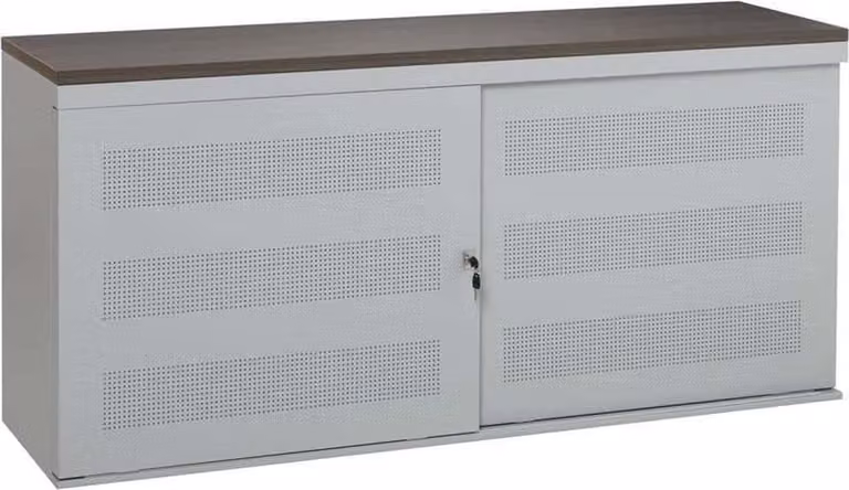 Schuifdeurkast met geperforeerde deuren, Logan eiken en Aluminium (RAL9006), B: 160 cm, D: 45 cm, H: 72,5 cm