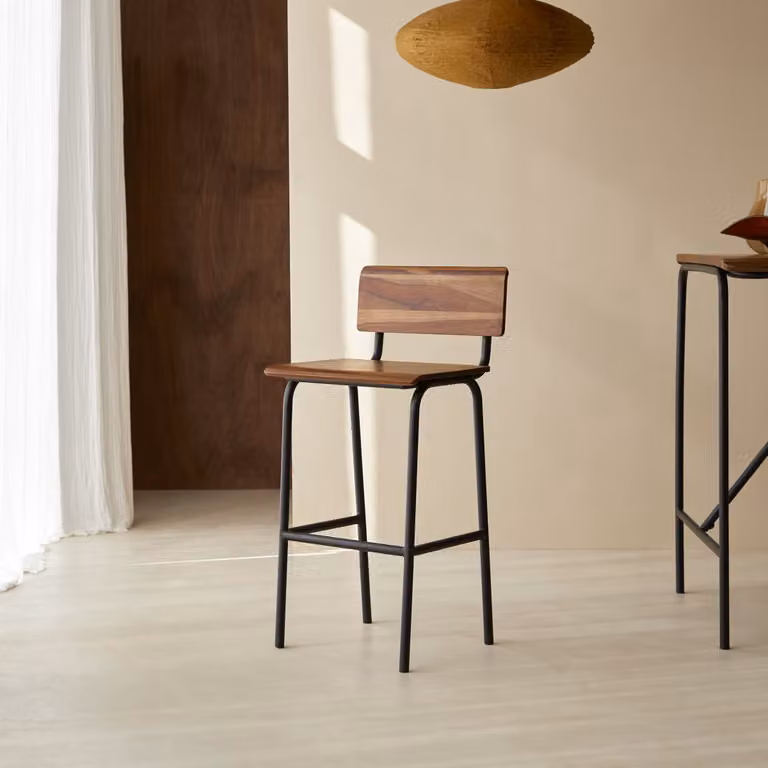Tikamoon Barstoel van massief sheesham hout en metaal - Bruin - Industrieel design