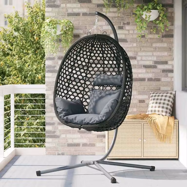 Opvouwbare hangstoel met standaard - Eierstoel voor ontspanning in de tuin, op het balkon of terras - B/D/H: 104 x 100 x 191 cm