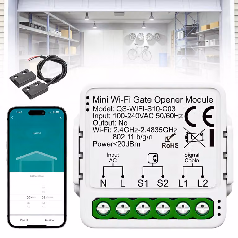Selius Slimme Wifi Garagedeuropener met Deursensor voor Standaard Garagedeuraandrijving - B/D/H: 3 x 3 x 3 cm