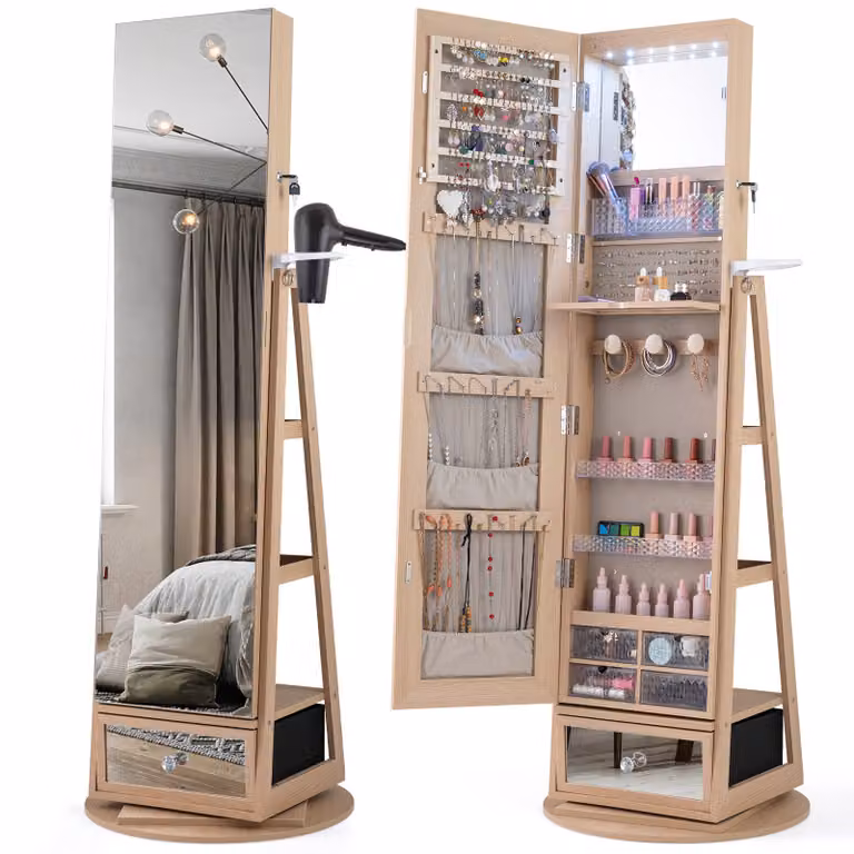 Costway 360° Draaibare Sieradenkast met Passpiegel, Led Verlichting en Haardrogerhouder, Walnoot