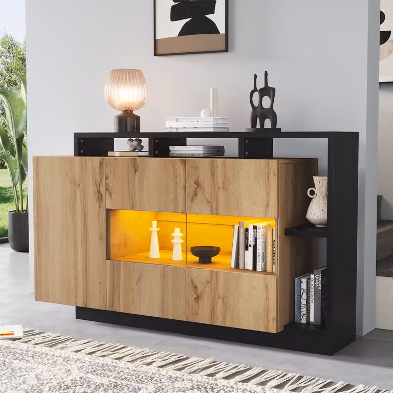 HAUSS SPOLE Dressoir met LED-verlichting en Bluetooth-bediening - Houten opbergkast voor woonkamer of hal - B/D/H: 140 x 44 x 93,5 cm