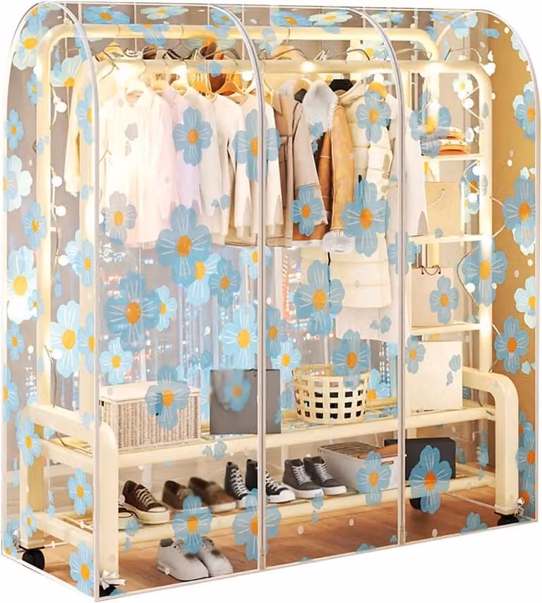 Blauwe kledingrek hoes van transparant PEVA materiaal voor het opbergen en beschermen van je garderobe, B/D/H: 180 x 50 x 150 cm