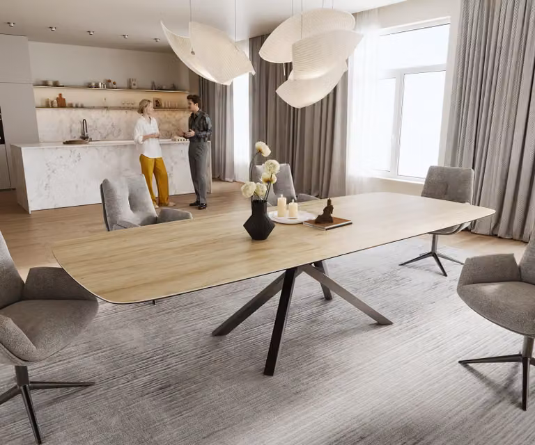 DELIFE Edge Boot Uitschuifbare Eettafel met Keramisch Ovaal Blad en X-onderstel in Bruin, Grijs of Beige, B/D/H: 155 x 120 x 75 cm
