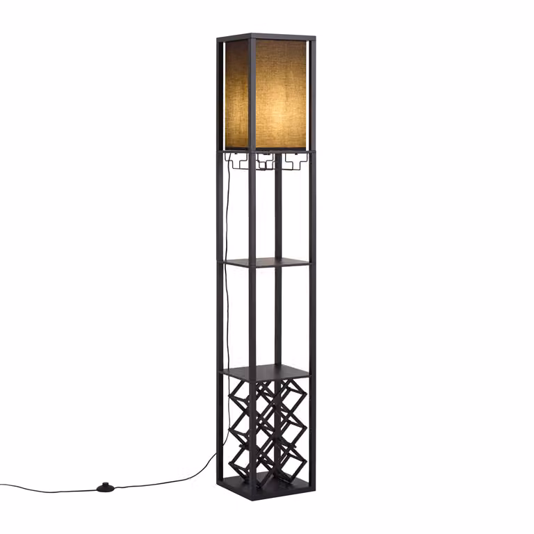 Qazqa Moderne vloerlamp zwart met beige stoffen kap en wijnrek