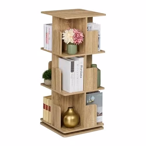 Relaxdays Draaibare Boekenkast met 3 Etages, Houtlook Bruin, H x B x D: 95 x 39 x 39 cm