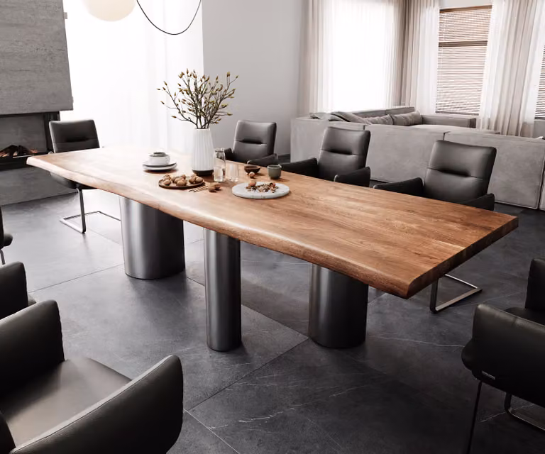 DELIFE Eetkamertafel Edge van acacia hout met roestvrij staal in bruin en grafiet, B/D/H: 300 x 100 x 75,5 cm