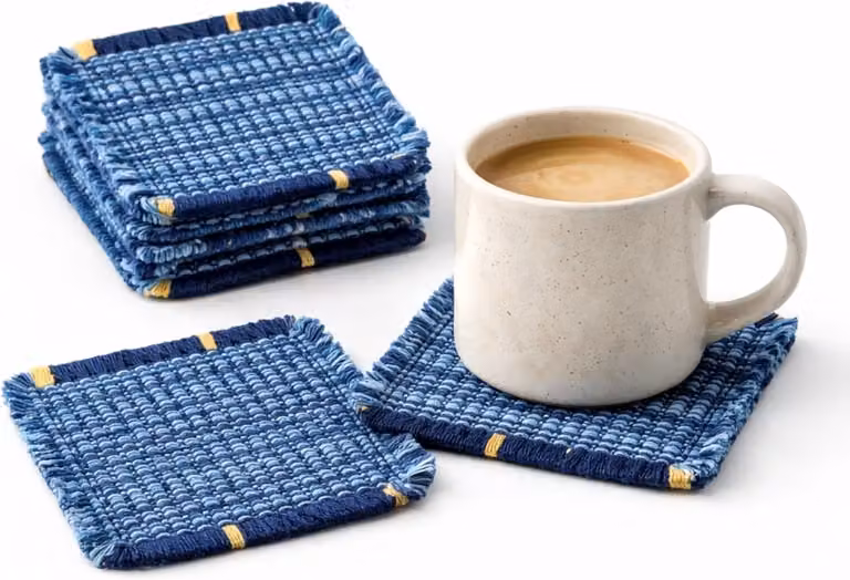 Set van 6 Decoratieve Woven Blauwe Glazen Coasters voor Koffietafel en Thuisbar, Breedte: 10 cm, Diepte: 10 cm
