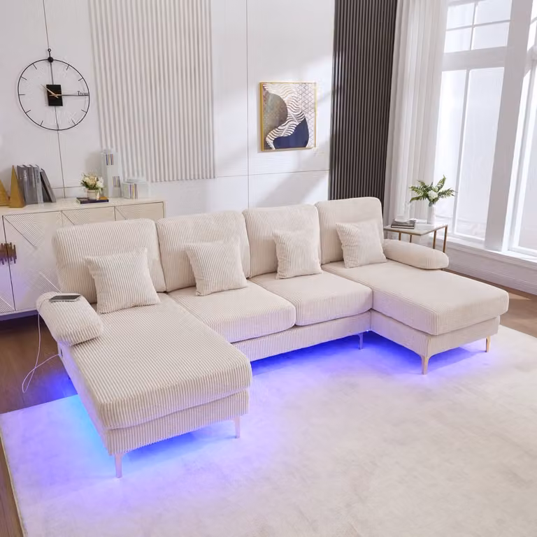 MODFU U-Bank Moderne Beige Fluwelen Bank met Ledverlichting en USB-aansluiting B/D/H: 265 x 135 x 88 cm