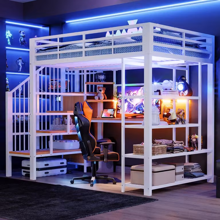 Metalen Hoogslaper met Opbergruimte, LED-verlichting en USB-oplaadpunt - Wit - B/D/H: 140 x 200 cm