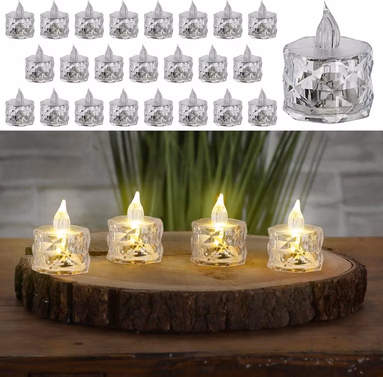 Set van 24 Led-theelichtjes Kristal in Transparant met Facet Geslepen Rand voor Sfeervolle Decoratie