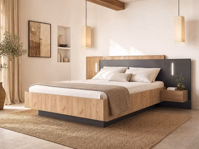 FRANCOLI Bed inclusief nachtkastjes, bedbodem en matras met ledverlichting en 2 lades, Naturel en antraciet, 160 x 200 cm