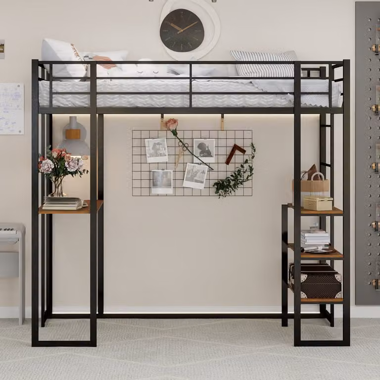 Wishdor Stapelbed met L-vormig Bureau, Trap en Reling, Zwart IJzer, 120 x 200 cm