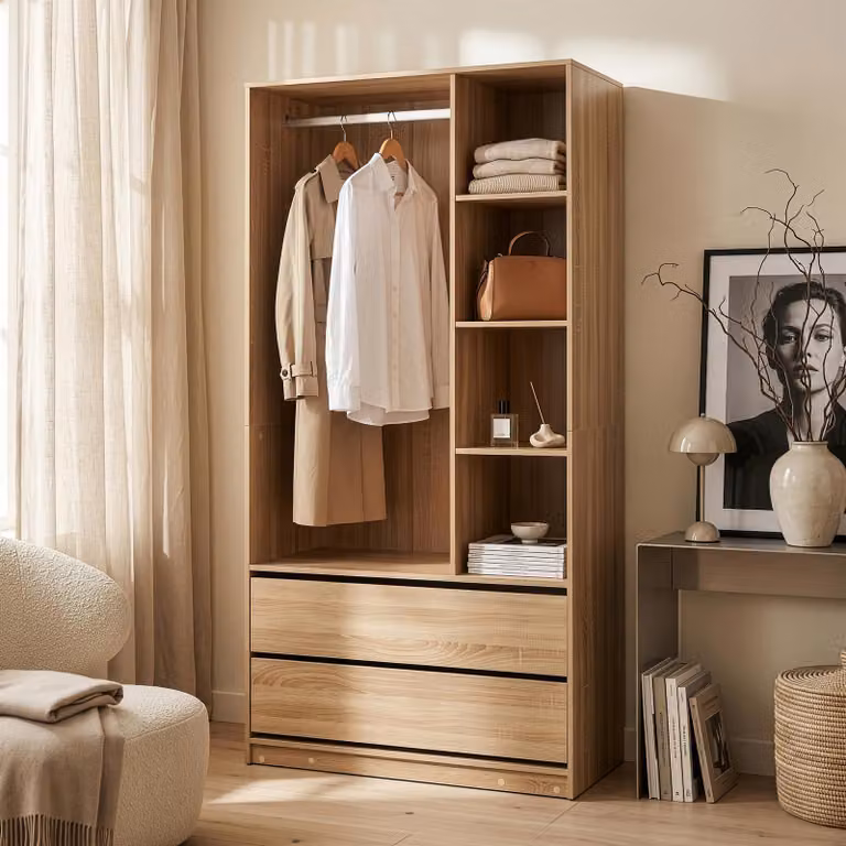 en.casa Open kledingkast met 4 vakken en 2 lades, houtlook, B: 100 cm, D: 50 cm, H: 200 cm