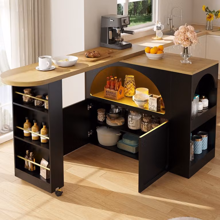 Wishdor Bartafel met opbergruimte, LED en wielen, Uitschuifbaar 135-205 cm, Houtlook Zwart, B/D/H: 205 x 39 x 100 cm