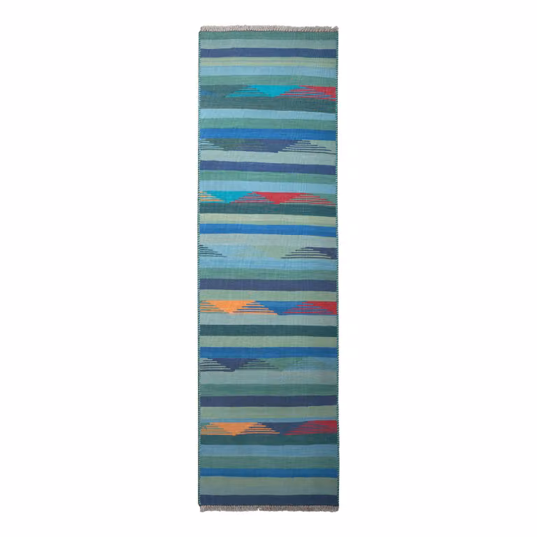 home24 Kelim Gashgai laagpolig vloerkleed blauw multicolor wol Breedte: 73 cm, Lengte: 254 cm