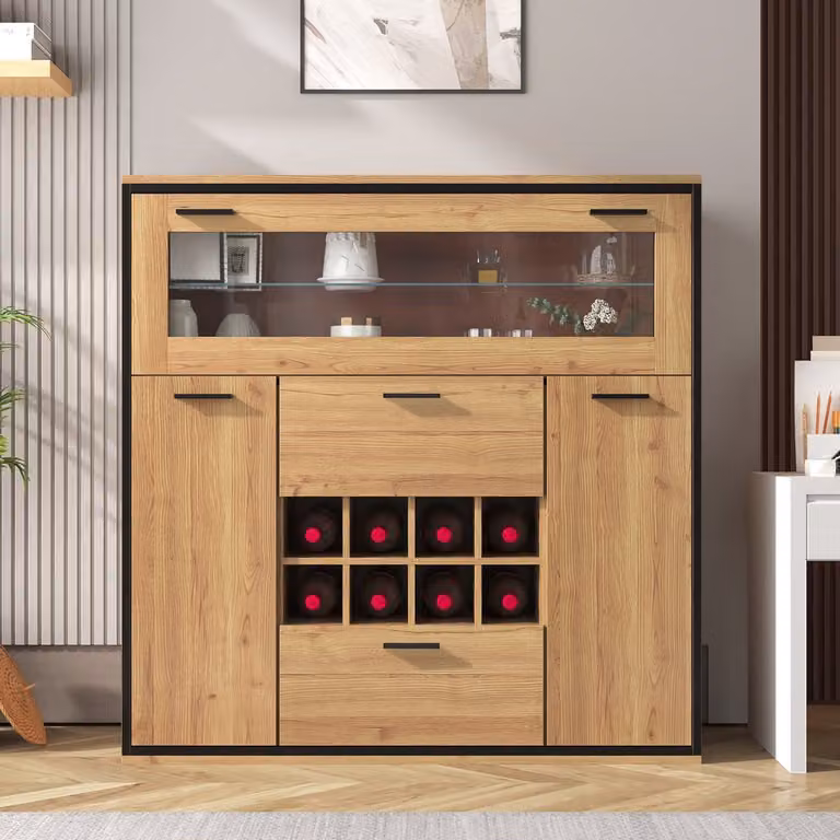KOMHTOM Sideboard met geïntegreerde verlichting en wijnrek, B/D/H: 111 x 38 x 110 cm