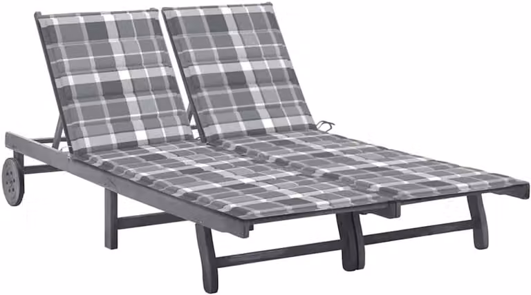 Verstelbare acaciahouten tafel met wielen en grijs ruitpatroon B/D/H: 200 x 123 x 85 cm