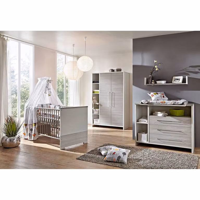home24 Babykamer Eco Silber 3-delig set met bedframe, nachtkastje en ladekast in wit, zilver en grijs