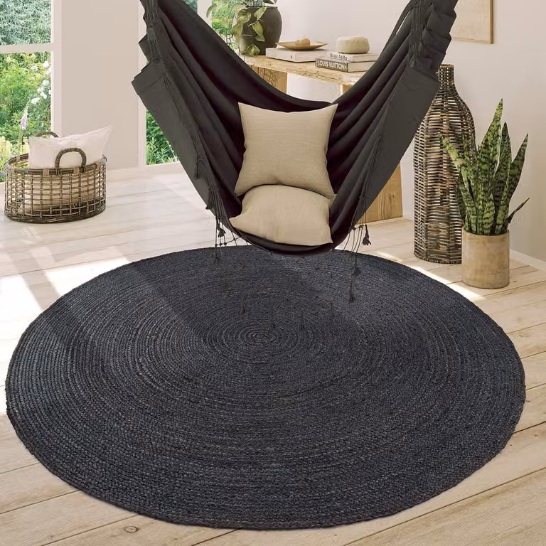Handgemaakt Jute Vloerkleed Rond Boho Ethno Stijl - Antraciet - Ø 80 cm