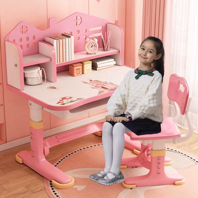 Kinderbureau en stoelset voor kinderen, in hoogte verstelbaar, Roze, B: 105 cm, D: 75.5 cm