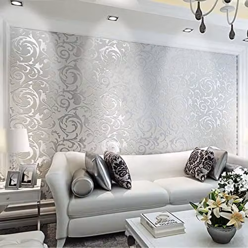 EBTOOLS Luxe 3D Barok Behang Zilver Waterdicht Vliesbehang, 10 m x 0,53 m