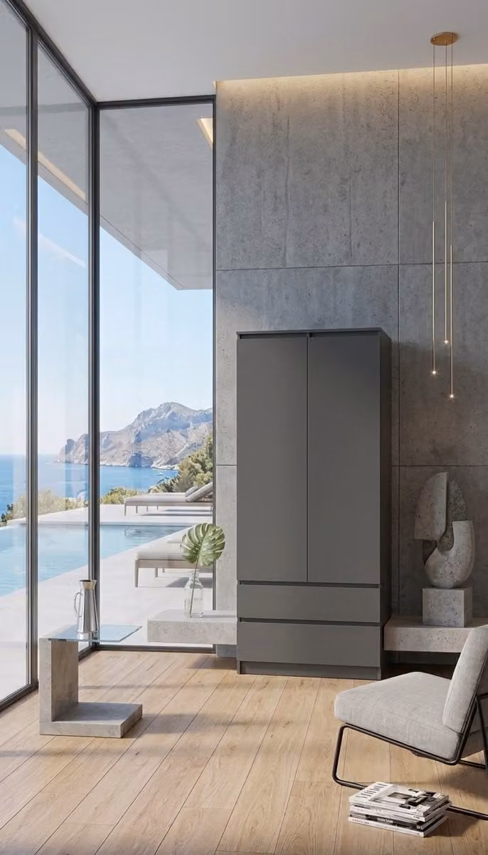 Moderne metalen kledingkast met deuren en laden voor de slaapkamer of hal, Grijs