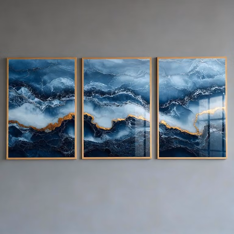 Omgoods - Set van 3 Abstracte Marmer Posters in Blauw en Goud