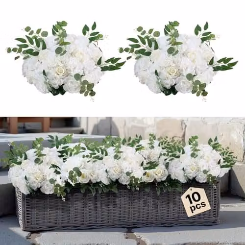VEVOR Set van 10 witte kunstrozen voor bruiloftstafeldecoratie, ronde bloemstukken, B/D/H: 45 x 45 x 27 cm