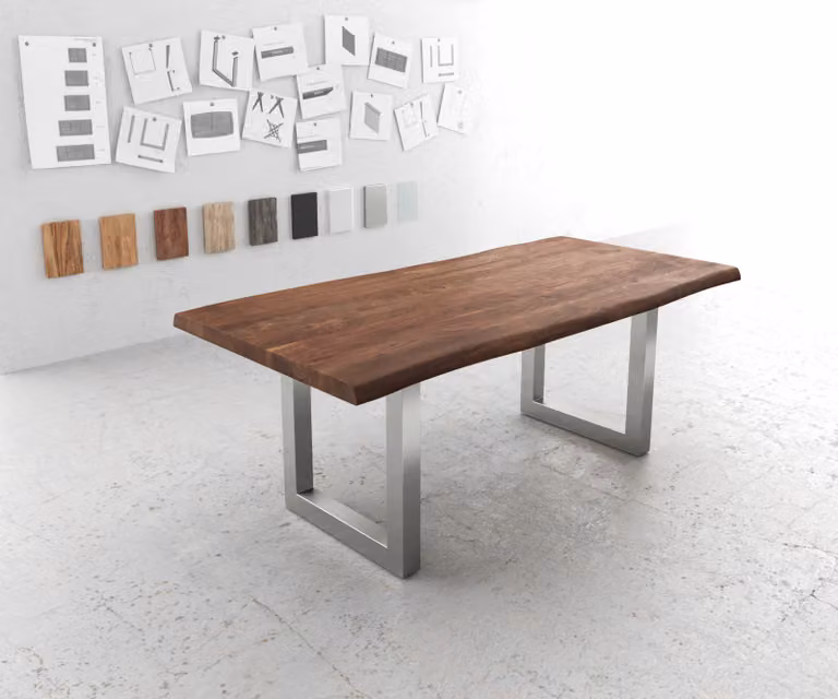 DELIFE Eettafel Edge Live-Edge Acacia Bruin met RVS Onderstel B: 100 cm, D: 200 cm, H: 76,5 cm