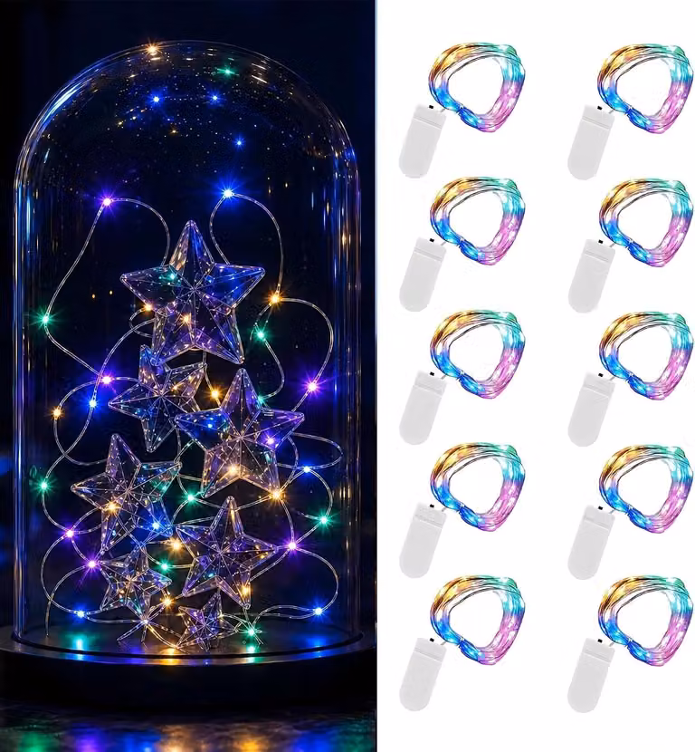 10 stuks LED Fairy Lichtslingers met Sterren - Batterij-aangedreven - 1m - Multicolor - Waterdicht - Zilver Draad voor Binnen en Buiten Decoratie