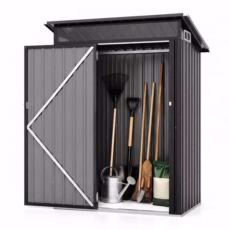 Costway Tuinhuis voor Houten Afvalcontainer en Gereedschap, Weerbestendige Tuinschuur van Verzinkt Staal, Donkergrijs, H 185 x B 150 x D 89 cm