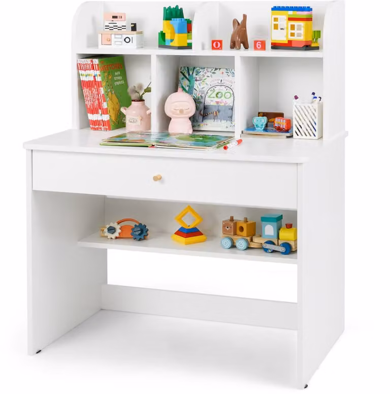Costway Kinderbureau van hout met lade en opbergvak, wit, B/D/H: 80 x 48 x 102 cm