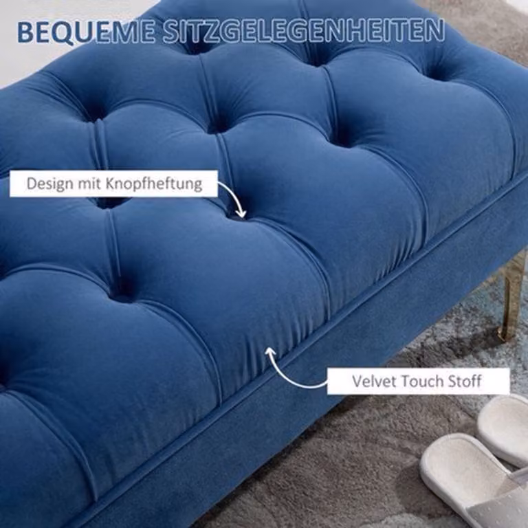Comfortabele fluwelen bank in blauw met stevige metalen poten, B/D/H: 118 x 45 x 42 cm