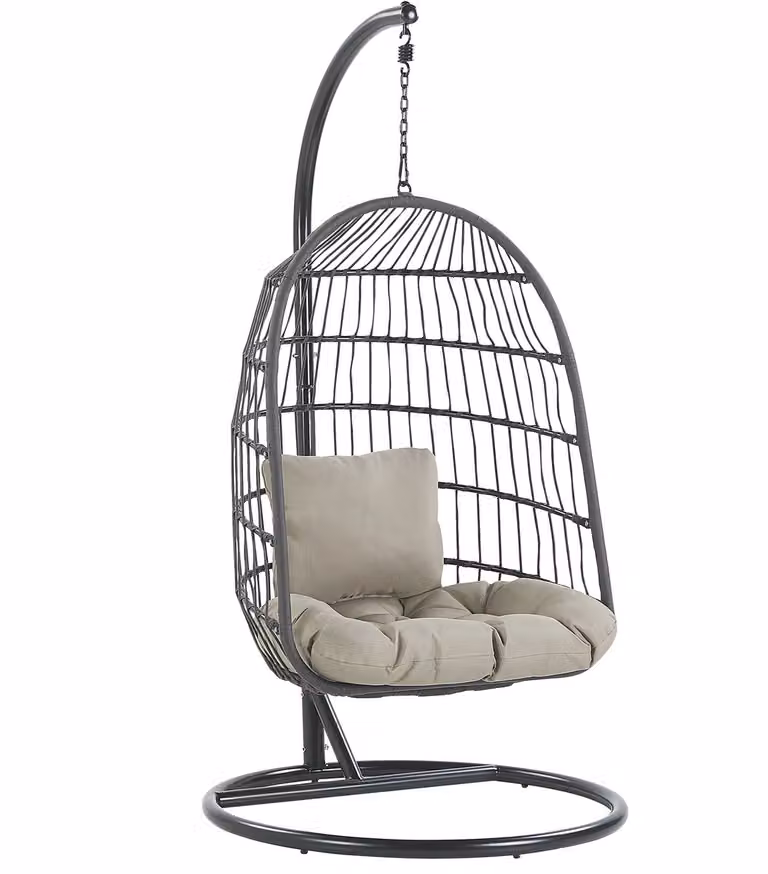 Allera Egg Hangstoel met Standaard en Kussen - Zwart Polyrotan - Lounge Stoel voor Tuin en Interieur