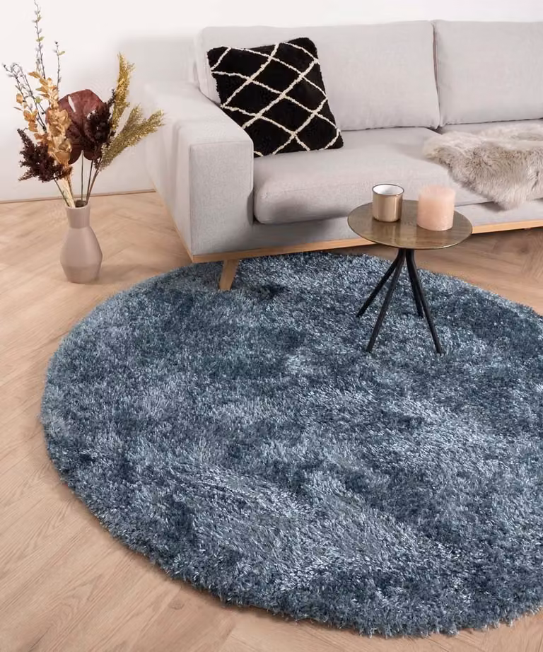 Tapeso Posh Rond Hoogpolig Vloerkleed Velours - Blauw - Diameter: 80 cm