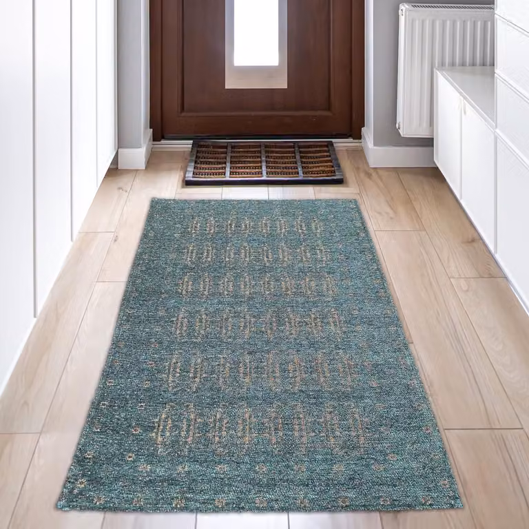 Modern Oosterse Vloerkleed voor Woonkamer en Gang, Petrol Goud, 80 x 150 cm