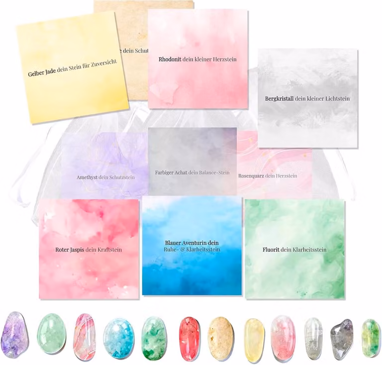 Set van 12 multicolor edelstenen met betekenis en kaart in een organza zakje voor meditatie en als cadeau