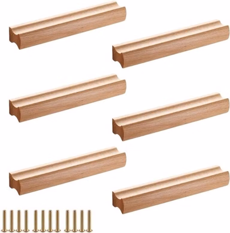 Set van 6 handgemaakte houten meubelgrepen in natuurhout, lengte: 128 mm