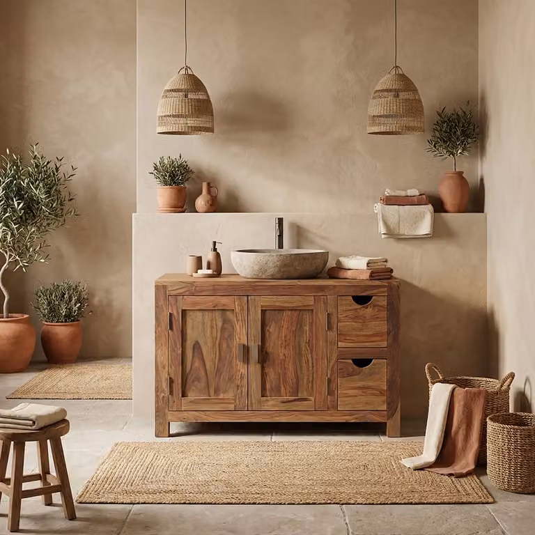 home24 Wastafelonderkast in bruin met 2 lades en deuren, massief hout, rustiek design, Breedte: 100 cm