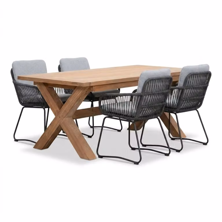 Riga/Harper eettafelset voor 4 personen in Stone Grey met teakhout en touw, 200 cm