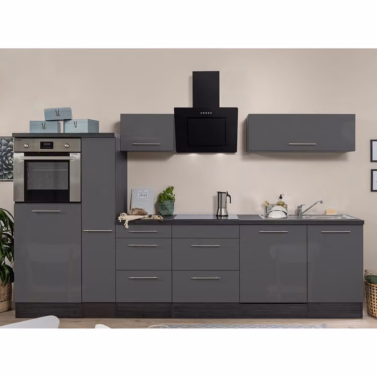 home24 Keukenblok Amanda IV, grijs/hoogglans grijs/grijze eikenhouten look, Breedte: 310 cm