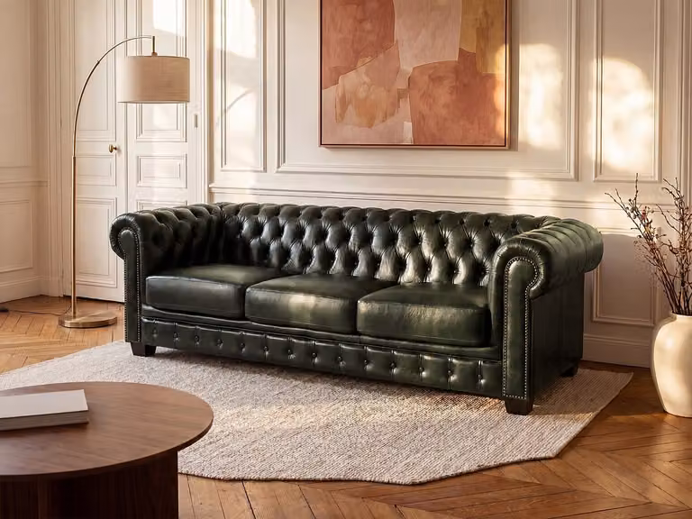 Vente-unique BRENTON Vierzits chesterfieldbank van 100% buffelleer - Donkergroen - B/D/H: 240 x 76 x 73 cm