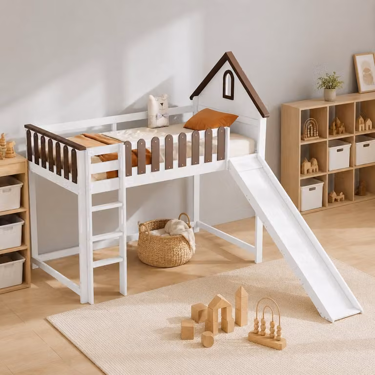COVREO Hoogslaper met glijbaan en dakraam, Kinderbed met veiligheidshek en ladder, Wit/Walnoot, B/D/H: 204 x 204 x 172 cm