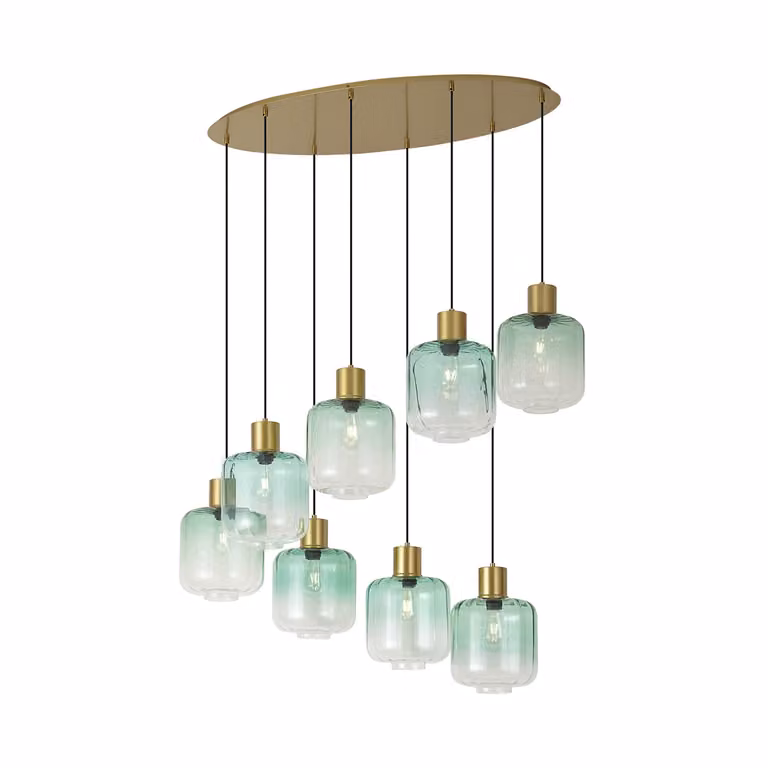 Qazqa Hotel Chique hanglamp messing met blauw en groen glas, 8-lichts