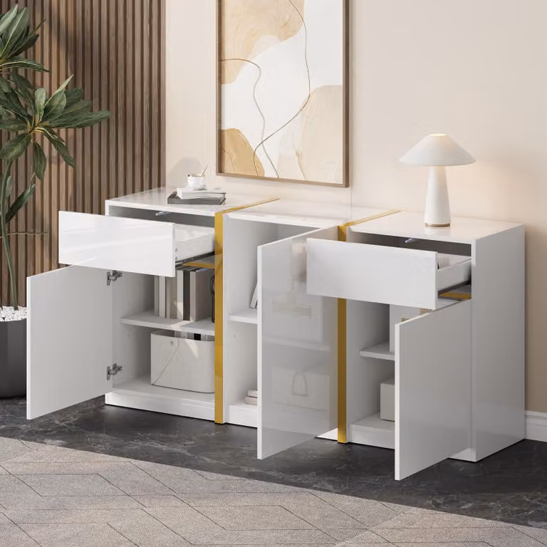 Okwish Modern Dressoir met Laden en Deuren, Hoogglans Wit met Gouden Decoratie, B/D/H: 160 x 40 x 78 cm