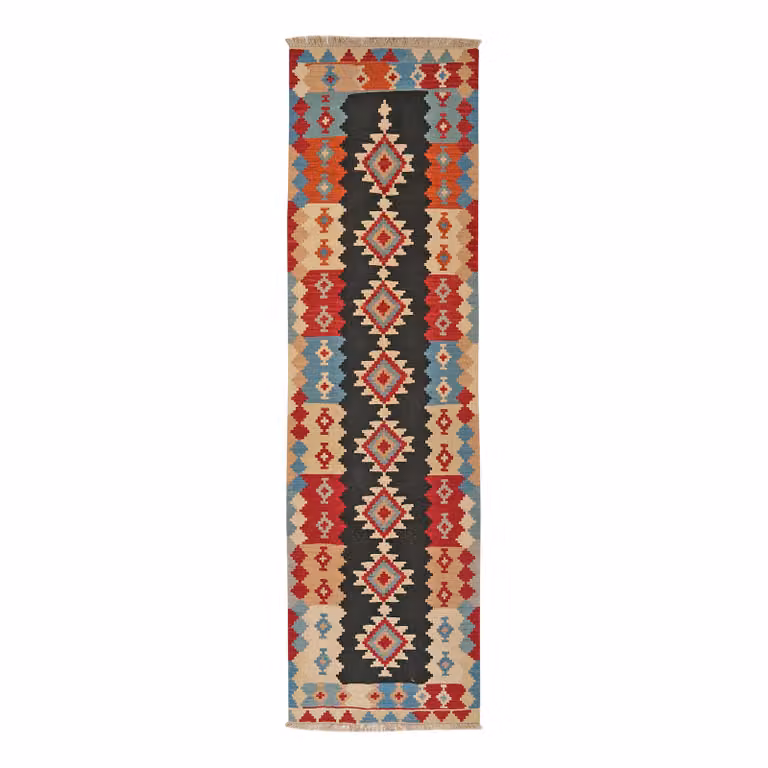 home24 Kelim Gashgai laagpolig vloerkleed rood multicolor wol B: 85 cm, L: 292 cm