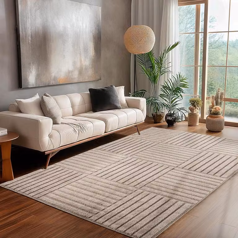Scandi Boho Woonkamer Vloerkleed - Beige - Hoogpolig Effect - 140 x 200 cm