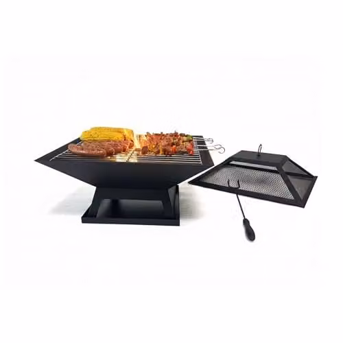 Relaxdays Vuurschaal in staal met vonkenscherm en grill, zwart, H 36 cm x B 45 cm x D 45 cm
