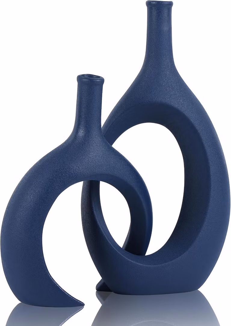 SnelShoppen Set van 2 Blauwe Keramische Vazen - Moderne Navy Blauwe Decoratie voor Eettafel, Kantoor of Entree